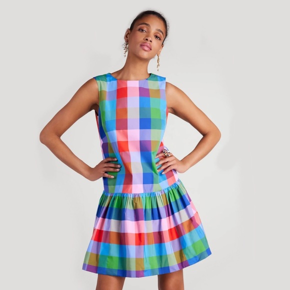 ♠️Kate Spade Madras Taffeta Shift Dress, Blue Multi-Color NWT - Picture 2 of 8